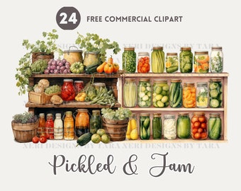 Zestaw akwarelowych clipartów „Picked and Jam”, domowe przetwory, darmowe komercyjne pliki PNG, ilustracje do konserwowania i słoikowania, półka i szafka na słoiki