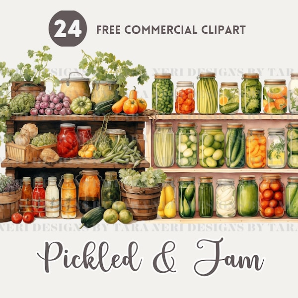 Picked and Jam Watercolor Clipart Bundle, homemade preserve Free Commercial PNG, Canning and jarring Illustration, Jar shelf and cupboard