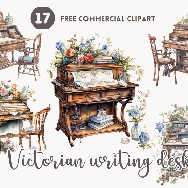 Victorian writing desk watercolor clipart bundle Free commercial clipart set Nostalgic writing watercolor illustration, vintage floral desk