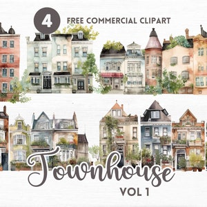 Townhouse watercolor clipart bundle Free commercial  watercolor clipart set Aesthetic urban townhome watercolor illustration