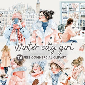 Clipart acquerello ragazza città invernale, stile moda vacanze urbane, pubblicità gratuita, passeggiata in città, ragazza in abito invernale, donna di strada invernale