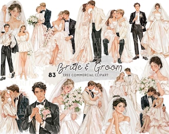Bride and Groom Watercolor Clipart, Wedding Couple Illustration, Graphics for Invitation, Bridal Planner, Commercial Use