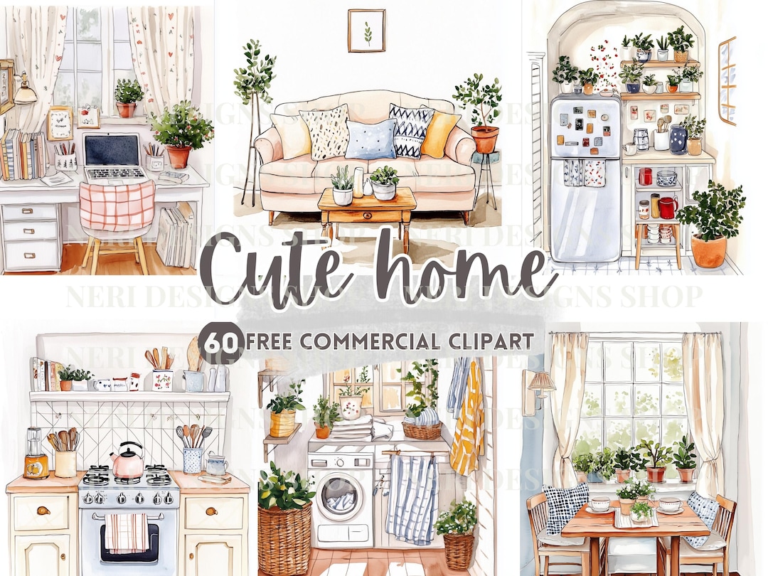 Cute Home Interior Watercolor Clipart, Cozy Room & House Scene Free ...
