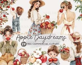 May include: Watercolor illustration featuring women and children with apples. The image includes baskets of apples, people picking apples, and the text "Apple Daydreams" with "29 FREE COMMERCIAL CLIPART".