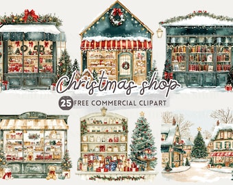 Clipart de aquarela para fachada de loja de Natal, comercial gratuito em JPG para fachada de loja de Natal, vitrine festiva, barraca de Natal, decoração de fachada de loja