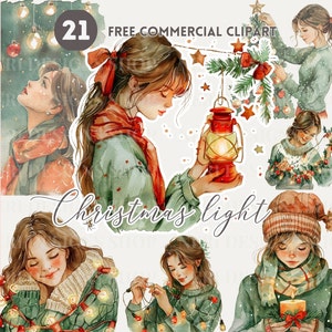 Kerstmeisje en licht aquarel clipart, meisje en feestelijke lantaarn gratis commerciële png voor dagboek, feestdag kaarslicht, digitale sticker