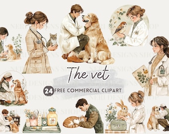 Veterinarian with dog watercolor clipart Animal doctor and cat free commercial png, Vet and bird, vet and rabbit pet clinic pet medical care