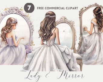 Lady and mirror watercolor clipart bundle, Bride and Mirror Free commercial png set, backview young Woman illustration for journal