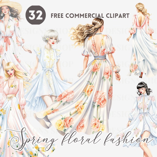 Spring fashion girl watercolor clipart, floral dress free commercial PNG, Stylish woman Illustration, Backview Lady art, feminine graphic