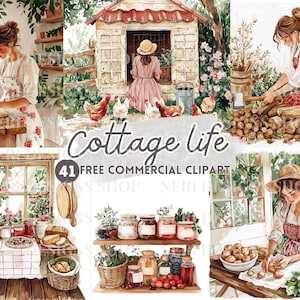 May include: A watercolour illustration depicting cottage life. The image shows scenes of rural life, including a woman baking, tending to chickens, and preparing food. The text "Cottage life" and "41 FREE COMMERCIAL CLIPART" are also visible.