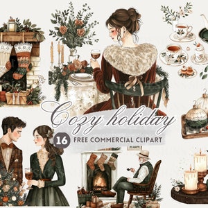 Vintage vakantiescène aquarel clipart, gezellige vakantie dineren gratis commerciële png, feestelijk theeblad, open haard kerst winter meisje sticker