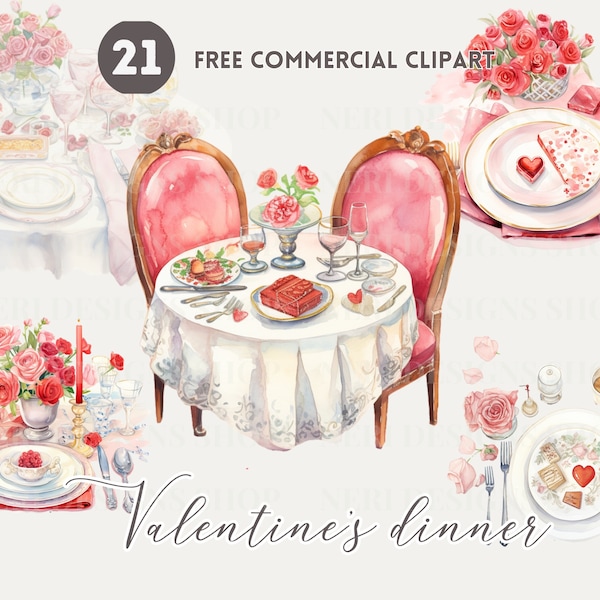 Valentine's Dining watercolor clipart bundle, Loving Dinner date Free commercial PNG, romantic dining table setting graphic, restaurant date