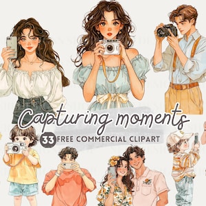 Meisje en camera aquarel clipart, man maakt foto gratis commerciële png, foto-opnamedagboek, kind en camera, selfie via mobiele telefoon