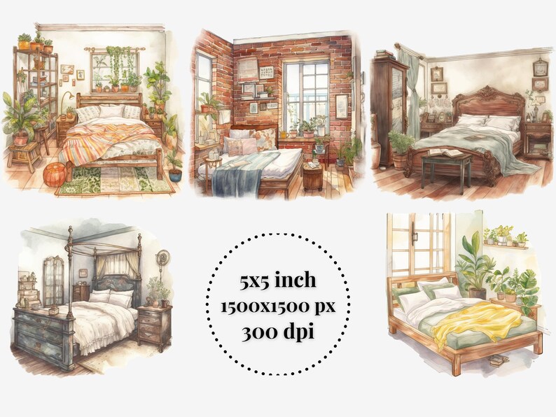 Cozy Bedroom Watercolor Clipart: Aesthetic Furniture and Interior Decor ...