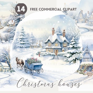 Weihnachtshaus Aquarell Clipart Bundle, Winter Haus Free Kommerzielle PNG, Festliche Nachbarschaft Illustration, Urlaub Haus Kunst