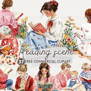 Może przedstawiać: Aquarela przedstawiająca osoby czytające książki w ogrodzie. Ilustracja przedstawia różne osoby, w tym dzieci, dorosłych i seniorów, którzy wszyscy cieszą się dobrą książką. Ilustracja jest pełna żywych kolorów i szczegółów, co czyni ją uroczą i kapryśną sceną.