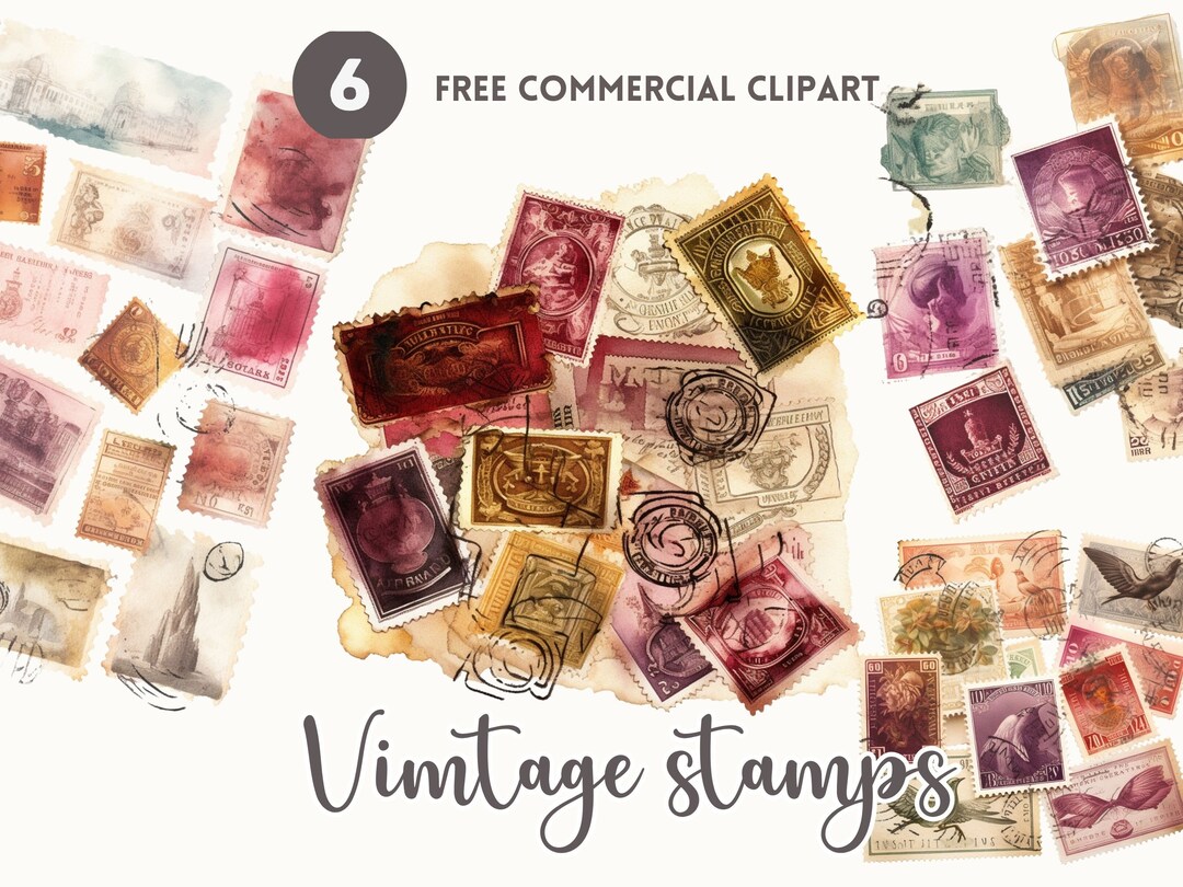 Vintage Stamps Watercolor Clipart Bundle Retro Postage Free Commercial ...
