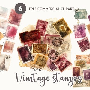 Paquete de imágenes prediseñadas de acuarela de sellos antiguos Franqueo retro Juego de imágenes prediseñadas de acuarela comercial gratis Ilustración de correo vintage Postal vintage