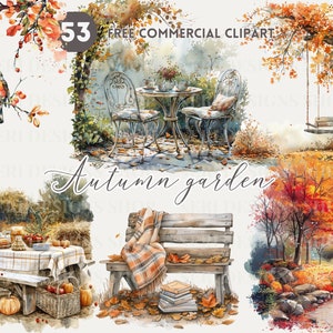 Pacote de clipart em aquarela de jardim de outono Conjunto de png comercial gratuito de jardim de outono Banco de outono aconchegante, balanço, assentos, ilustração de paisagem de outono