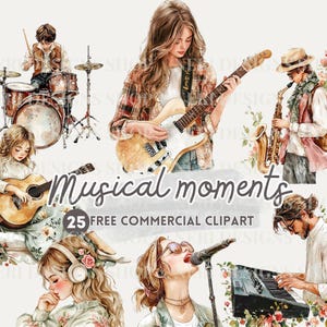 Imágenes prediseñadas de acuarela de chica música, PNG comercial gratuito de juego de guitarra, amante de la música, instrumento musical, juego de piano, juego de teclado, pegatina de chico tambor