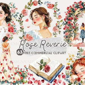Roos aquarel clipart, roos en vrouw gratis commerciële png, romantische roos boeket, shabby chic rozenboog, roos en boekplanner sticker