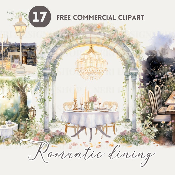 Romantic dinning setting watercolor clipart, garden dining free commercial PNG, night dinner with city view, forest dining, beach dining art