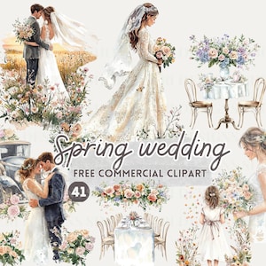 Clipart de acuarela de boda floral, Novia y novio de primavera, PNG comercial gratuito de romance, Mesa de boda, Pastel de novia, Arte de borde de arco floral