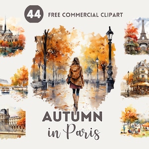 Autumn Paris Watercolor Clipart Bundle, Autumn City Free Commercial PNG, Fall Season, Eiffel Tower, Paris landmark, autumn cafe Illustration