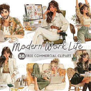 May include: Watercolor illustration featuring six figures in a modern work life setting. The image includes people working on laptops, at desks, and on a sofa. Text reads "Modern Work Life" and "30 FREE COMMERCIAL CLIPART".
