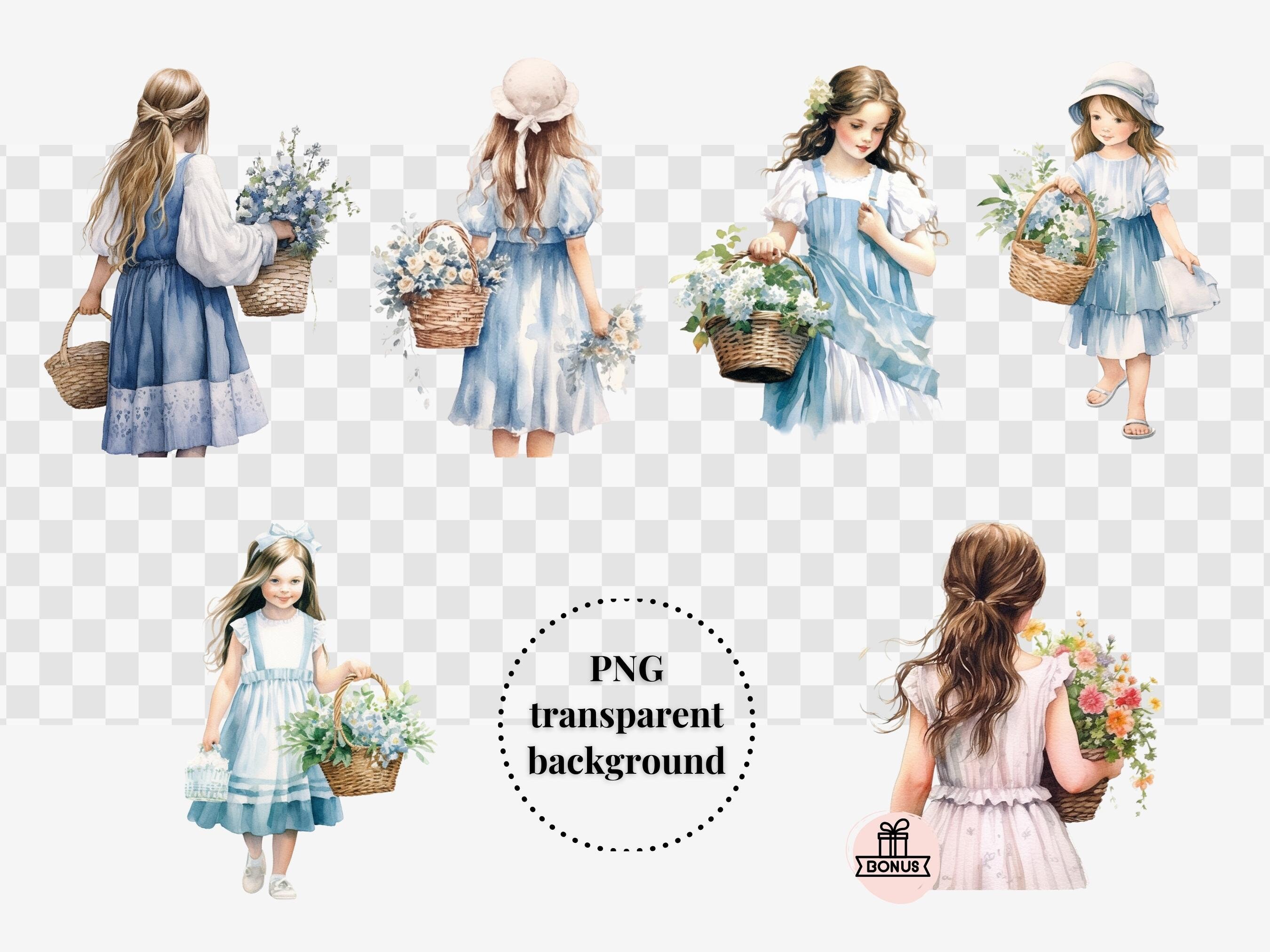 Young Girl With Floral Basket Watercolor Clipart Bundle, Vintage Kid ...