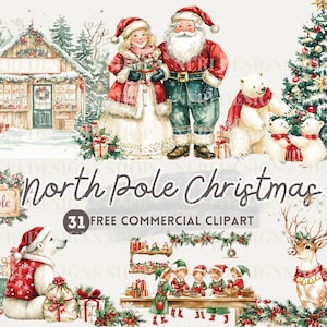 Le père Noël et la mère de famille clipart aquarelle, Noël au pôle Nord PNG commercial gratuit, ours polaire lutins, conception de l'atelier du père Noël
