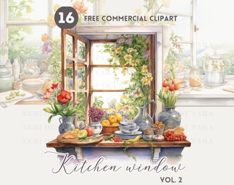 Farmhouse Kitchen window watercolor clipart bundle, Cozy Countryside windowsill free commercial PNG, Cottagecore, Food and Flower Decor