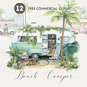 Beach Camper Watercolor Clipart, Seaside Camper Free Commercial PNG, Seaside Travel Illustration, Coastal Camper Graphic, Mobile home