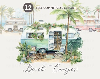 May include: Watercolor illustration of a beach scene with three vintage campers. The central camper is teal and white, surrounded by tropical plants and beach chairs. The image includes the text "12 FREE COMMERCIAL CLIPART" and "Beach Camper".