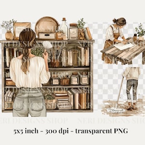 家事をする女の子の水彩画クリップアート、家事の無料商用PNG、家事、カーペット掃除、窓拭き、毎日の作業アート 画像 3