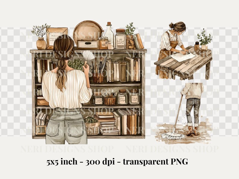 家事をする女の子の水彩画クリップアート、家事の無料商用PNG、家事、カーペット掃除、窓拭き、毎日の作業アート 画像 3