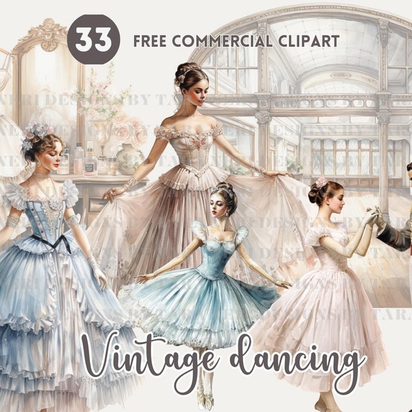 Paquete de imágenes prediseñadas de acuarela de baile vintage, conjunto de PNG comercial libre de bailarina victoriana, vestidor de bailarina retro, ilustración de zapatos de baile