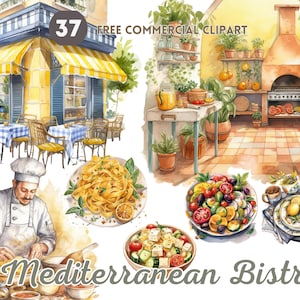 Paquete de imágenes prediseñadas de acuarela de bistró mediterráneo, imágenes prediseñadas PNG de cocina comercial gratis, imágenes prediseñadas descargables, imágenes prediseñadas de fachada de restaurante estético