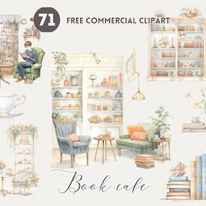 Peut inclure: Une illustration aquarelle d'un café-librairie avec une variété de détails, y compris une bibliothèque, une table avec des chaises, une tasse à thé et une personne lisant un livre. L'illustration est dans un style léger et aérien avec des couleurs douces et des détails délicats.