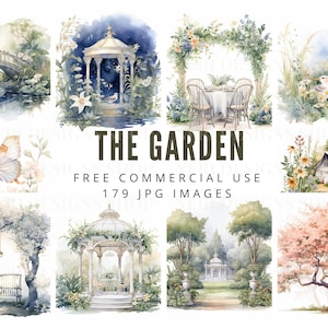 Tuintafereel aquarel clipart, pergola gratis commerciële JPG papieren kaart, vintage bloemenboog, tuinstoelen, bloemenlijst, botanische kunst