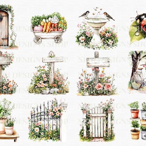 Puede incluir: Un conjunto de 10 ilustraciones de acuarela que representan elementos de jard&iacute;n, incluyendo una puerta de madera, una carretilla llena de verduras, un ba&ntilde;o de p&aacute;jaros con p&aacute;jaros, una mariquita, un poste indicador de madera, una puerta, una bicicleta y plantas en macetas.