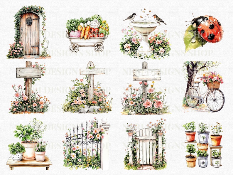 Puede incluir: Un conjunto de 10 ilustraciones de acuarela que representan elementos de jard&iacute;n, incluyendo una puerta de madera, una carretilla llena de verduras, un ba&ntilde;o de p&aacute;jaros con p&aacute;jaros, una mariquita, un poste indicador de madera, una puerta, una bicicleta y plantas en macetas.