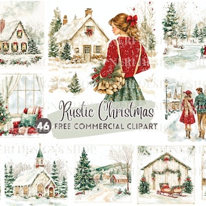 Rustieke kerst aquarel clipart, platteland winterschuur gratis commerciële JPG, feestelijk dorp, landelijke vakantiescène, winter kerkkunst
