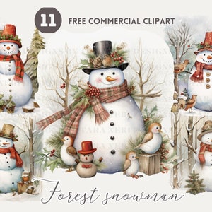 Snowman in forest watercolor clipart bundle snowman and birds in woodland free commercial png set christmas character illustration
