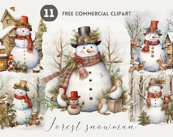 Snowman in forest watercolor clipart bundle snowman and birds in woodland free commercial png set christmas character illustration