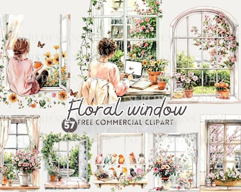 Floral window watercolor clipart, Spring sill and bird free commercial PNG, Summer botanical window view, window reading girl, window desk