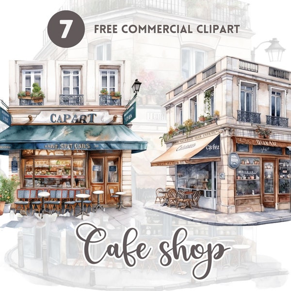 Paquete de imágenes prediseñadas de acuarela de cafetería Paris Cafe Shop Conjunto de imágenes prediseñadas comerciales gratuitas Descarga instantánea Conjunto de ilustración de café acogedor