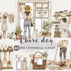 Mädchen bei der Hausarbeit Aquarell Clipart, Hausarbeit, Fensterputzen, Fensterputzen, Putzen PNG