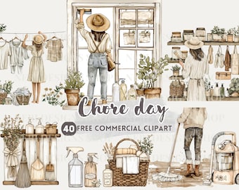 Clipart acquerello di ragazza che fa le faccende domestiche, PNG commerciale gratuito per le pulizie domestiche, lavori domestici, spazzamento tappeti, pulizia finestre, attività quotidiane