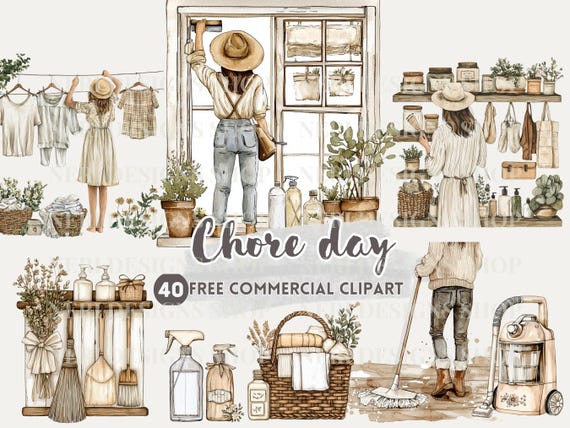 Girl doing household chores watercolor clipart, Home Cleaning free commercial PNG, Homemaking, Carpet Sweep, Window cleaning, Daily Task Art
